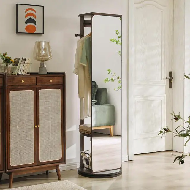Alt view image 2 of 7 - Solid Rubberwood Rotating Full-Length Mirror Cabinet, Freestanding Jewelry Armoire with Multi-Functional Hooks and Shelves for Bedroom & Closet