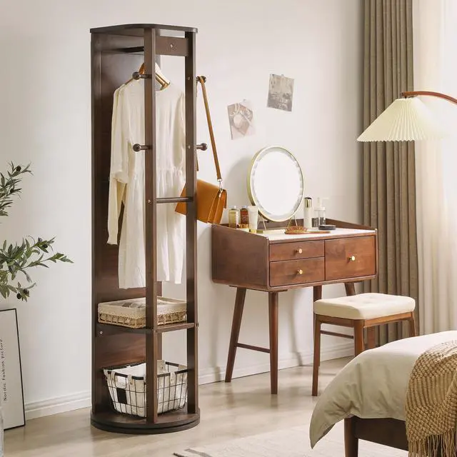 Alt view image 4 of 7 - Solid Rubberwood Rotating Full-Length Mirror Cabinet, Freestanding Jewelry Armoire with Multi-Functional Hooks and Shelves for Bedroom & Closet