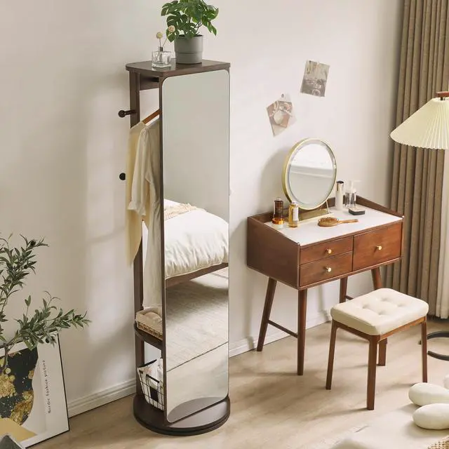 Alt view image 3 of 7 - Solid Rubberwood Rotating Full-Length Mirror Cabinet, Freestanding Jewelry Armoire with Multi-Functional Hooks and Shelves for Bedroom & Closet