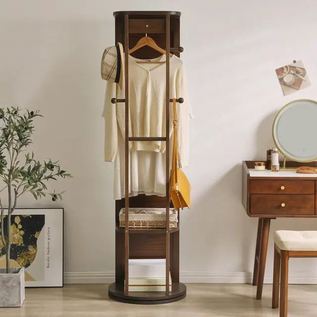 Alt view image 5 of 7 - Solid Rubberwood Rotating Full-Length Mirror Cabinet, Freestanding Jewelry Armoire with Multi-Functional Hooks and Shelves for Bedroom & Closet