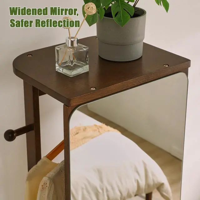 Alt view image 6 of 7 - Solid Rubberwood Rotating Full-Length Mirror Cabinet, Freestanding Jewelry Armoire with Multi-Functional Hooks and Shelves for Bedroom & Closet