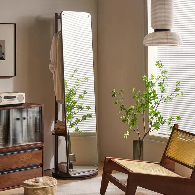Alt view image 7 of 7 - Rotating Full Length Mirror with Clothes Rack, Freestanding Solid Wood Storage Mirror for Bedroom Living Room