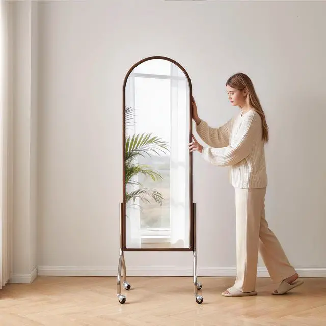 Alt view image 4 of 7 - Arched Full Length Mirror with Storage Shelves & Wheels, Rubber Wood Frame Floor Mirror, Freestanding Rolling Mirror with Cart, 2-in-1 Dressing Mirror & Bookcase for Bedroom Living Room