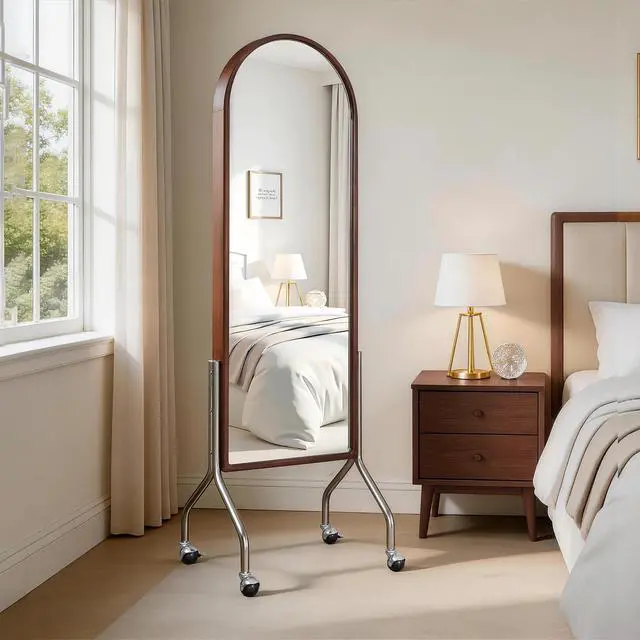 Alt view image 3 of 7 - Arched Full Length Mirror with Storage Shelves & Wheels, Rubber Wood Frame Floor Mirror, Freestanding Rolling Mirror with Cart, 2-in-1 Dressing Mirror & Bookcase for Bedroom Living Room