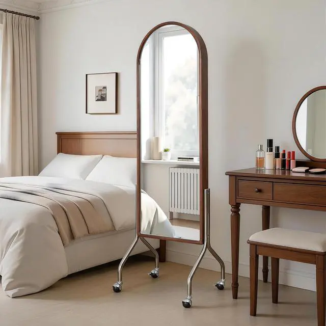 Alt view image 6 of 7 - Arched Full Length Mirror with Storage Shelves & Wheels, Rubber Wood Frame Floor Mirror, Freestanding Rolling Mirror with Cart, 2-in-1 Dressing Mirror & Bookcase for Bedroom Living Room