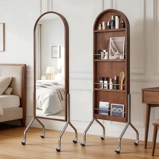 Main image of Arched Full Length Mirror with Storage Shelves & Wheels, Rubber Wood Frame Floor Mirror, Freestanding Rolling Mirror with Cart, 2-in-1 Dressing Mirror & Bookcase for Bedroom Living Room