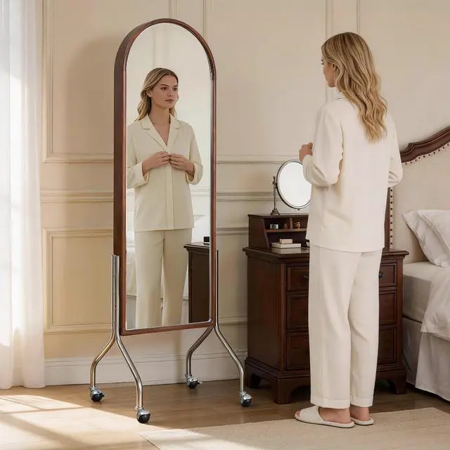 Alt view image 2 of 7 - Arched Full Length Mirror with Storage Shelves & Wheels, Rubber Wood Frame Floor Mirror, Freestanding Rolling Mirror with Cart, 2-in-1 Dressing Mirror & Bookcase for Bedroom Living Room
