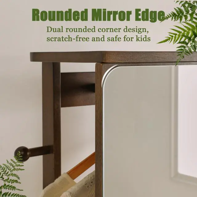 Alt view image 7 of 7 - Solid Rubberwood Rotating Full-Length Mirror Cabinet, Freestanding Jewelry Armoire with Multi-Functional Hooks and Shelves for Bedroom & Closet