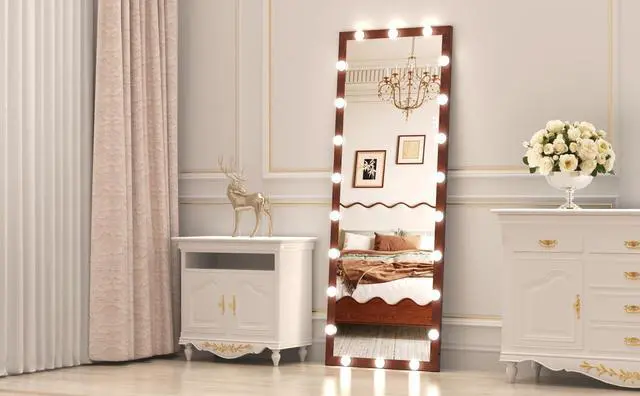 Main image of Hollywood Full Length Mirror with Lights Full Body Vanity Mirror with 3 Color Modes Wall Lighted Standing Floor Mirror for Dressing Room Bedroom Hotel Touch Control walnut 62.6"x23.3"