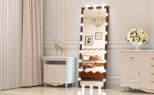Alt view image 5 of 7 - Hollywood Full Length Mirror with Lights Full Body Vanity Mirror with 3 Color Modes Wall Lighted Standing Floor Mirror for Dressing Room Bedroom Hotel Touch Control walnut 62.6"x23.3"
