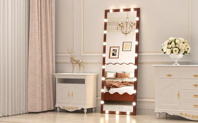 Alt view image 4 of 7 - Hollywood Full Length Mirror with Lights Full Body Vanity Mirror with 3 Color Modes Wall Lighted Standing Floor Mirror for Dressing Room Bedroom Hotel Touch Control walnut 62.6"x23.3"