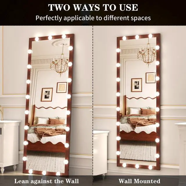 Alt view image 3 of 7 - Hollywood Full Length Mirror with Lights Full Body Vanity Mirror with 3 Color Modes Wall Lighted Standing Floor Mirror for Dressing Room Bedroom Hotel Touch Control walnut 62.6"x23.3"