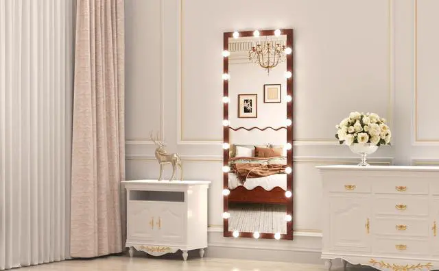 Alt view image 7 of 7 - Hollywood Full Length Mirror with Lights Full Body Vanity Mirror with 3 Color Modes Wall Lighted Standing Floor Mirror for Dressing Room Bedroom Hotel Touch Control walnut 62.6"x23.3"