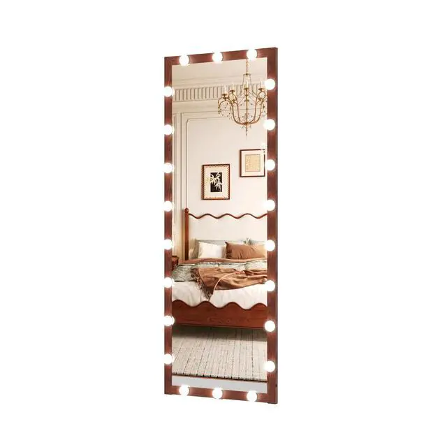 Alt view image 6 of 7 - Hollywood Full Length Mirror with Lights Full Body Vanity Mirror with 3 Color Modes Wall Lighted Standing Floor Mirror for Dressing Room Bedroom Hotel Touch Control walnut 62.6"x23.3"