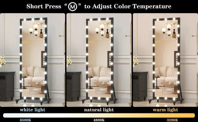 Alt view image 2 of 7 - Hollywood Full Length Mirror with Lights Full Body Vanity Mirror with 3 Color Modes Lighted Standing Floor Mirror for Dressing Room Bedroom Wall Mounted Touch Control Black 63x24inch