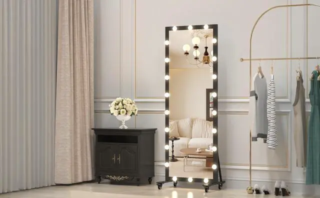 Alt view image 3 of 7 - Hollywood Full Length Mirror with Lights Full Body Vanity Mirror with 3 Color Modes Lighted Standing Floor Mirror for Dressing Room Bedroom Wall Mounted Touch Control Black 63x24inch