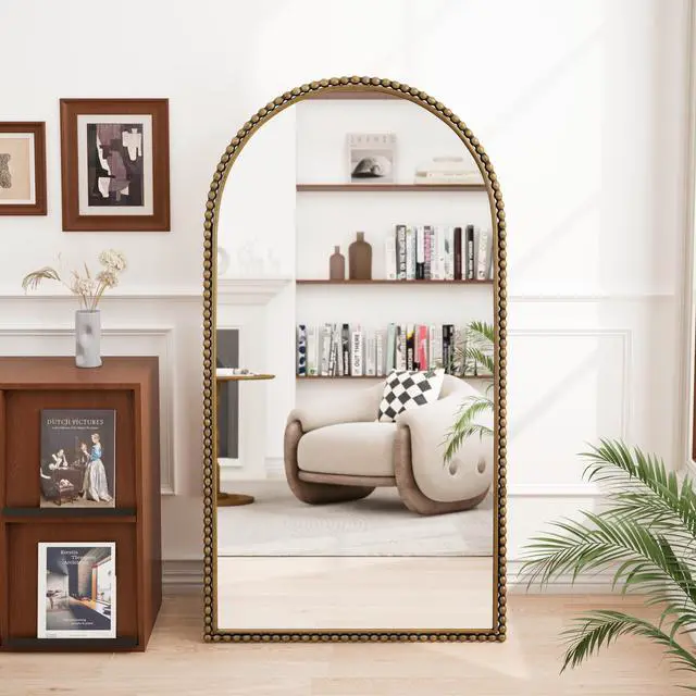 Alt view image 2 of 7 - Iron Arch Retro Full Length Mirror With Supporting Feet, For Living Room, Bedroom (Gold)