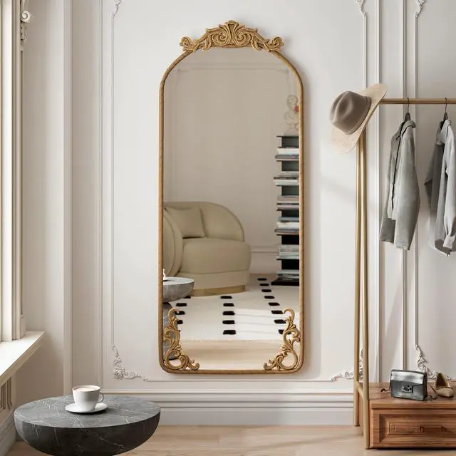 Alt view image 4 of 7 - 58"x24" Arched Full Body Mirror with Vintage Ornate Carved Applique on Top and Bottom, Hanging Wall Mounted Mirror, for Living Room Bedroom Retro Home Decor Mirror, Bronze