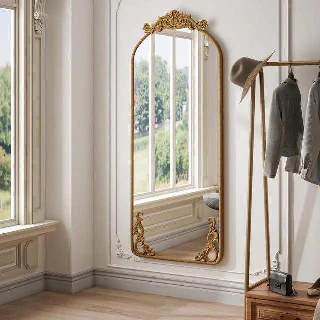 Alt view image 5 of 7 - 58"x24" Arched Full Body Mirror with Vintage Ornate Carved Applique on Top and Bottom, Hanging Wall Mounted Mirror, for Living Room Bedroom Retro Home Decor Mirror, Bronze