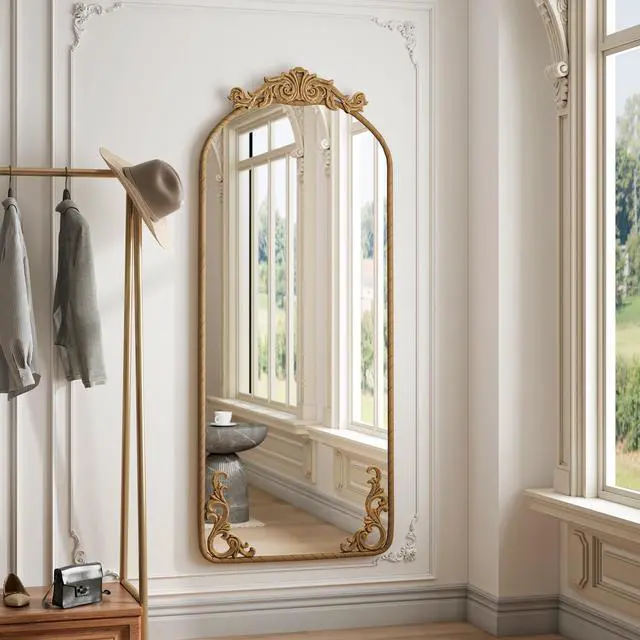 Alt view image 2 of 7 - 58"x24" Arched Full Body Mirror with Vintage Ornate Carved Applique on Top and Bottom, Hanging Wall Mounted Mirror, for Living Room Bedroom Retro Home Decor Mirror, Bronze