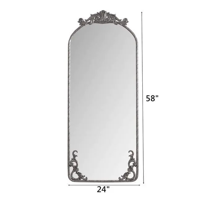 Alt view image 3 of 7 - 58"x24" Arched Full Body Mirror with Vintage Ornate Carved Applique on Top and Bottom, Hanging Wall Mounted Mirror, for Living Room Bedroom Retro Home Decor Mirror, Antique Silver