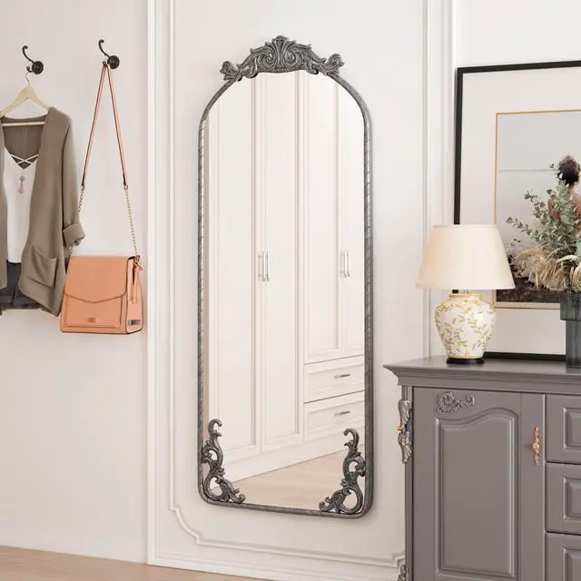 Alt view image 2 of 7 - 58"x24" Arched Full Body Mirror with Vintage Ornate Carved Applique on Top and Bottom, Hanging Wall Mounted Mirror, for Living Room Bedroom Retro Home Decor Mirror, Antique Silver