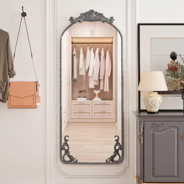 Alt view image 4 of 7 - 58"x24" Arched Full Body Mirror with Vintage Ornate Carved Applique on Top and Bottom, Hanging Wall Mounted Mirror, for Living Room Bedroom Retro Home Decor Mirror, Antique Silver