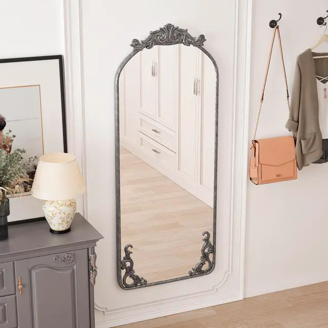 Alt view image 5 of 7 - 58"x24" Arched Full Body Mirror with Vintage Ornate Carved Applique on Top and Bottom, Hanging Wall Mounted Mirror, for Living Room Bedroom Retro Home Decor Mirror, Antique Silver