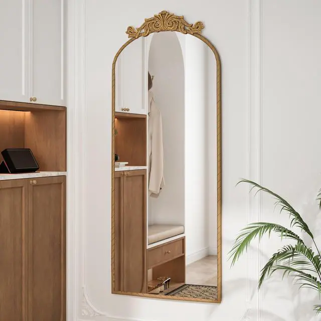 Alt view image 2 of 7 - 58"x24" Arched Full Body Mirror with Vintage Ornate Carved Applique on Top, Hanging Wall Mounted Mirror, for Living Room Bedroom Retro Home Decor Mirror, Bronze