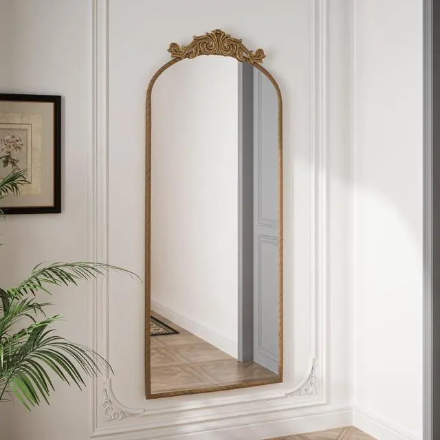 Alt view image 5 of 7 - 58"x24" Arched Full Body Mirror with Vintage Ornate Carved Applique on Top, Hanging Wall Mounted Mirror, for Living Room Bedroom Retro Home Decor Mirror, Bronze