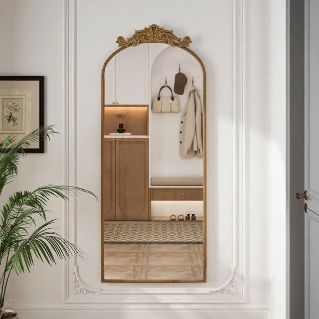 Alt view image 4 of 7 - 58"x24" Arched Full Body Mirror with Vintage Ornate Carved Applique on Top, Hanging Wall Mounted Mirror, for Living Room Bedroom Retro Home Decor Mirror, Bronze