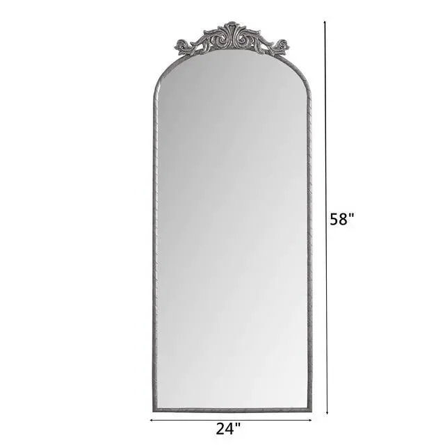 Alt view image 3 of 7 - 58"x24" Arched Full Body Mirror with Vintage Ornate Carved Applique on Top, Hanging Wall Mounted Mirror, for Living Room Bedroom Retro Home Decor Mirror, Antique Silver