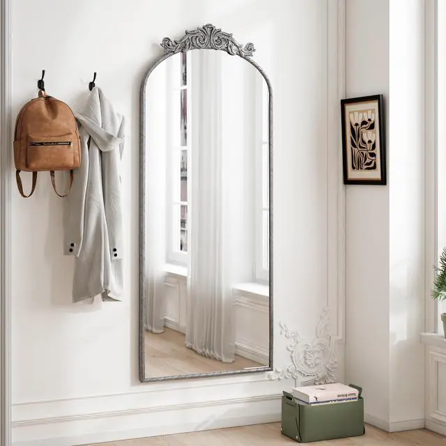 Alt view image 5 of 7 - 58"x24" Arched Full Body Mirror with Vintage Ornate Carved Applique on Top, Hanging Wall Mounted Mirror, for Living Room Bedroom Retro Home Decor Mirror, Antique Silver