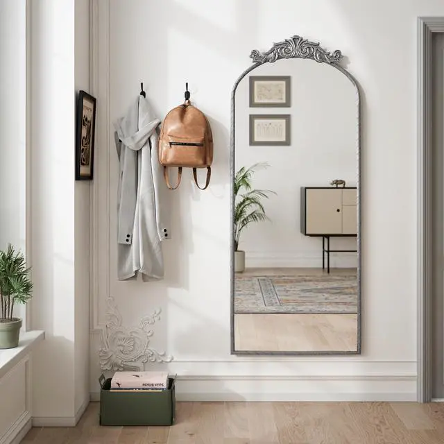 Alt view image 4 of 7 - 58"x24" Arched Full Body Mirror with Vintage Ornate Carved Applique on Top, Hanging Wall Mounted Mirror, for Living Room Bedroom Retro Home Decor Mirror, Antique Silver