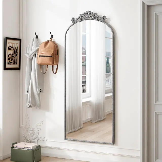 Alt view image 2 of 7 - 58"x24" Arched Full Body Mirror with Vintage Ornate Carved Applique on Top, Hanging Wall Mounted Mirror, for Living Room Bedroom Retro Home Decor Mirror, Antique Silver