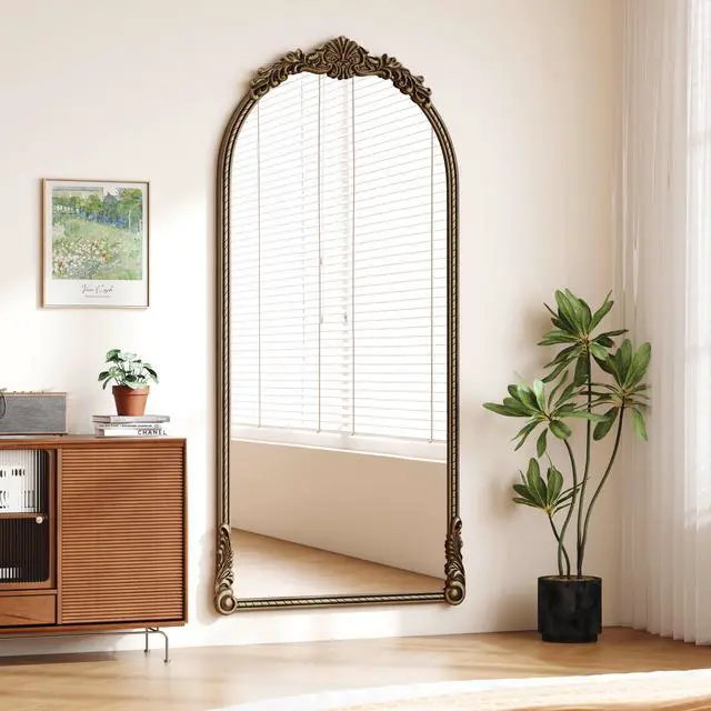 Alt view image 2 of 7 - 73.03"Arch Oval Vintage Relief Mirror Wall Hanging Elegant Decorative Mirror for Home Decor Retro Beautiful Design,Perfect for Living Room Bedroom and Hallway,vintage gold