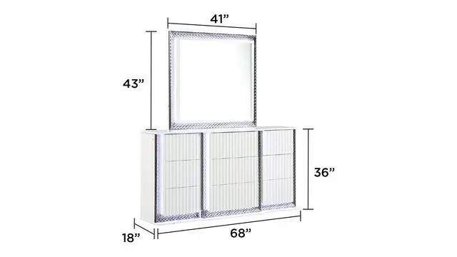 Alt view image 3 of 5 - Fabio Contemporary Style Mirror Made with Diamond-Patterned Side Accents with LED Lighting and Wood in White Finish(INCLUDES ONLY MIRROR)