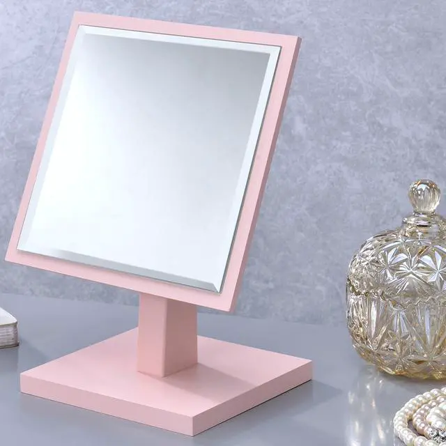 Alt view image 4 of 5 - 9.5" Tall Polyresin and Wood Make-Up Mirror on a Pedestal, Pastel Pink finish
