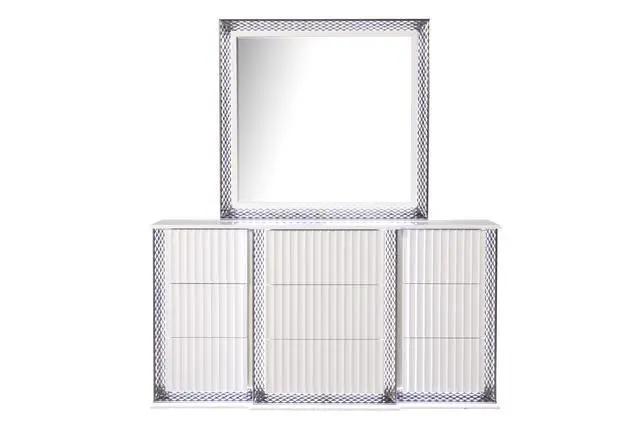 Alt view image 4 of 5 - Fabio Contemporary Style Mirror Made with Diamond-Patterned Side Accents with LED Lighting and Wood in White Finish(INCLUDES ONLY MIRROR)