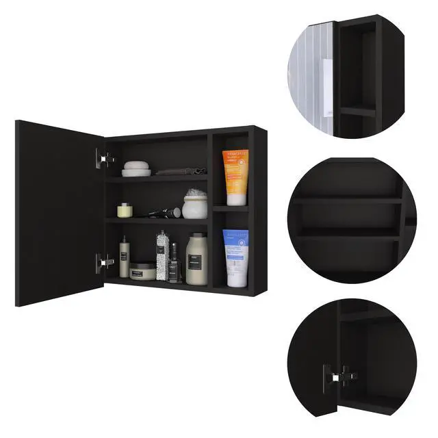 Alt view image 3 of 6 - Oman Medicine Cabinet, Three Internal Shelves, Single Door, Two External Shelves -Black