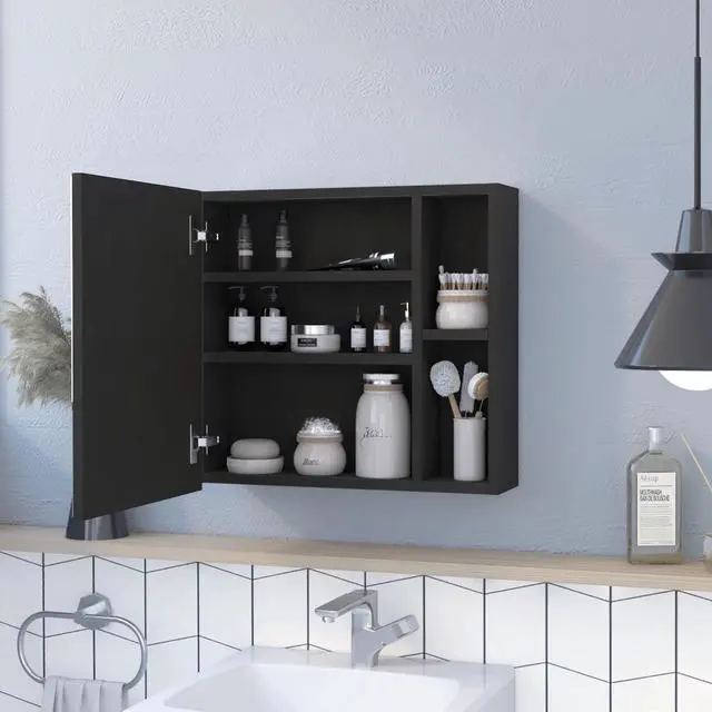 Alt view image 5 of 6 - Oman Medicine Cabinet, Three Internal Shelves, Single Door, Two External Shelves -Black