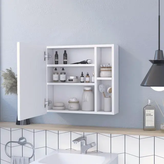 Alt view image 5 of 7 - Oman Medicine Cabinet, Three Internal Shelves, Single Door, Two External Shelves -White