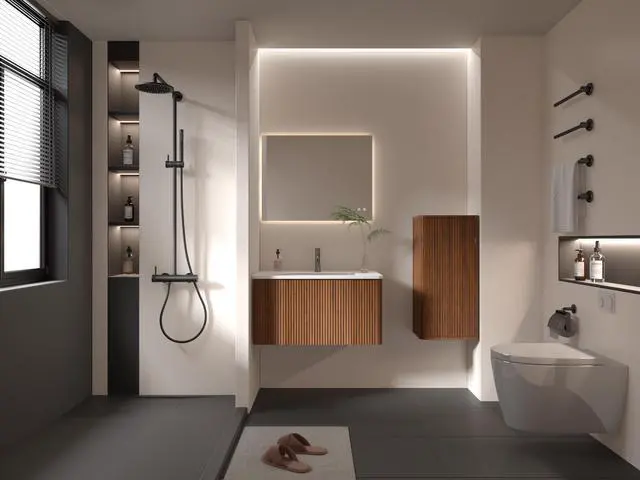 Alt view image 4 of 5 - CC0414S305 Striped Walnut Bathroom Floating Side Cabinet, Wall-mounted Storage Cabinet for Small Spaces, Pre-assembled