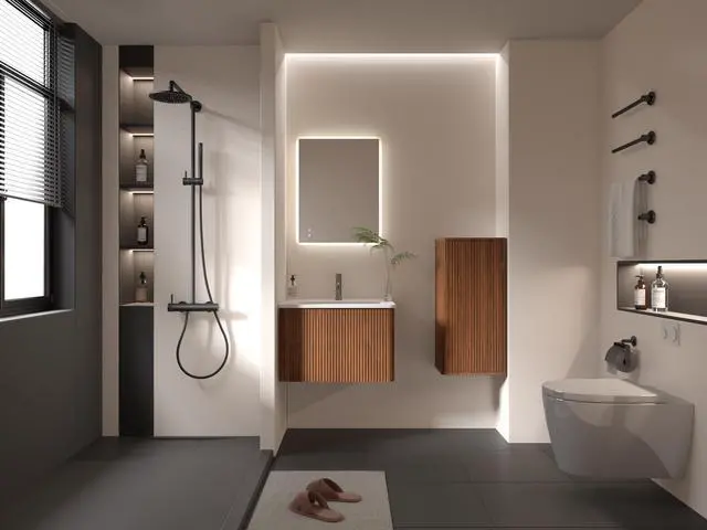 Alt view image 5 of 5 - CC0414S305 Striped Walnut Bathroom Floating Side Cabinet, Wall-mounted Storage Cabinet for Small Spaces, Pre-assembled