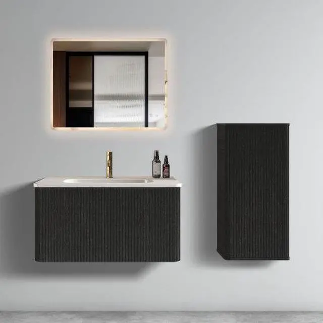 Alt view image 4 of 6 - CC0414S308 Striped Brushed Black Oak FloatingBathroom Floating Side Cabinet, Wall-mounted Storage Cabinet for Small Spaces, Pre-assembled