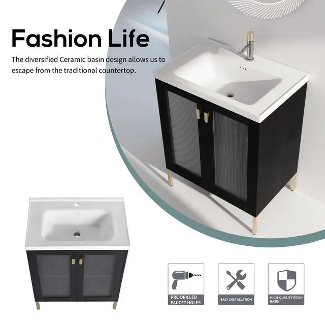 Alt view image 5 of 7 - 28 Inch Freestanding Bathroom Vanity Plywood With Ceramic Sink, Soft Closing Door (KD-Package)