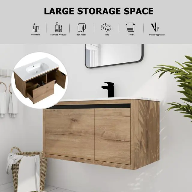 Alt view image 6 of 7 - 36 Inch Wall Mounted Bathroom Vanity With Gel Sink