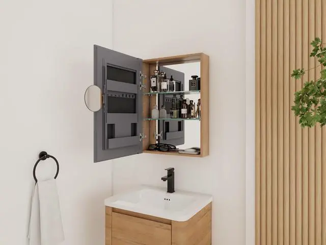 Alt view image 2 of 6 - 20'' Bathroom Mirror Cabinet with Storage,Wall Mounted Medicine Cabinet with Mirror Door,Adjustable Glass Shelves,Plywood(MC901BIMO)