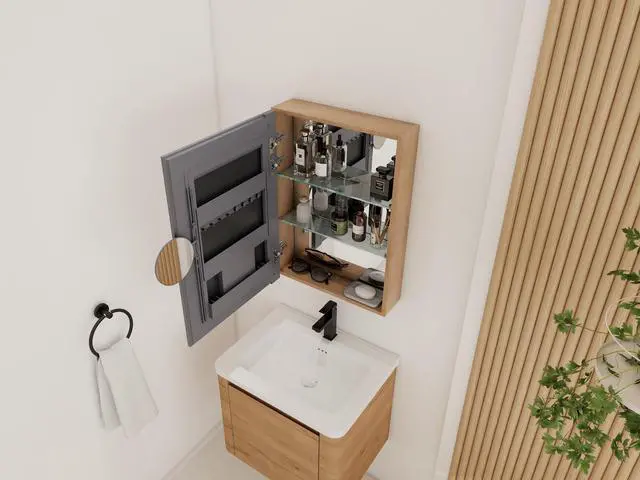 Alt view image 3 of 6 - 20'' Bathroom Mirror Cabinet with Storage,Wall Mounted Medicine Cabinet with Mirror Door,Adjustable Glass Shelves,Plywood(MC901BIMO)