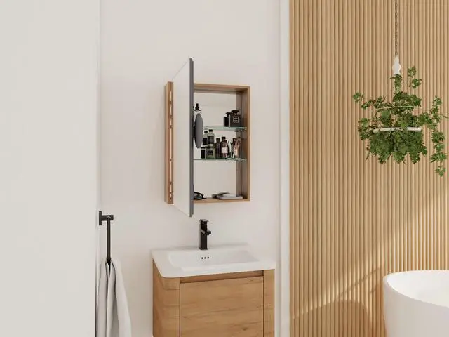 Alt view image 4 of 6 - 20'' Bathroom Mirror Cabinet with Storage,Wall Mounted Medicine Cabinet with Mirror Door,Adjustable Glass Shelves,Plywood(MC901BIMO)